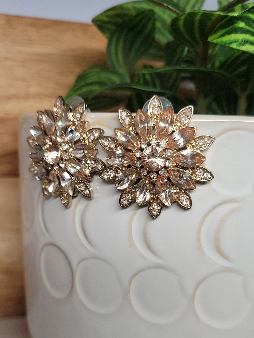 Crystal Floral Statement Earrings - Gold-Tone Champagne Sparkle - Picture 7 of 7